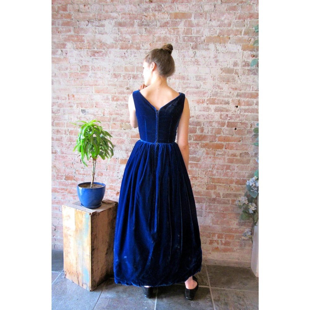 Vintage Velvet Dress Formal Gown 1960s Prom Crinoline Petticoat V Back - Picture 3 of 5